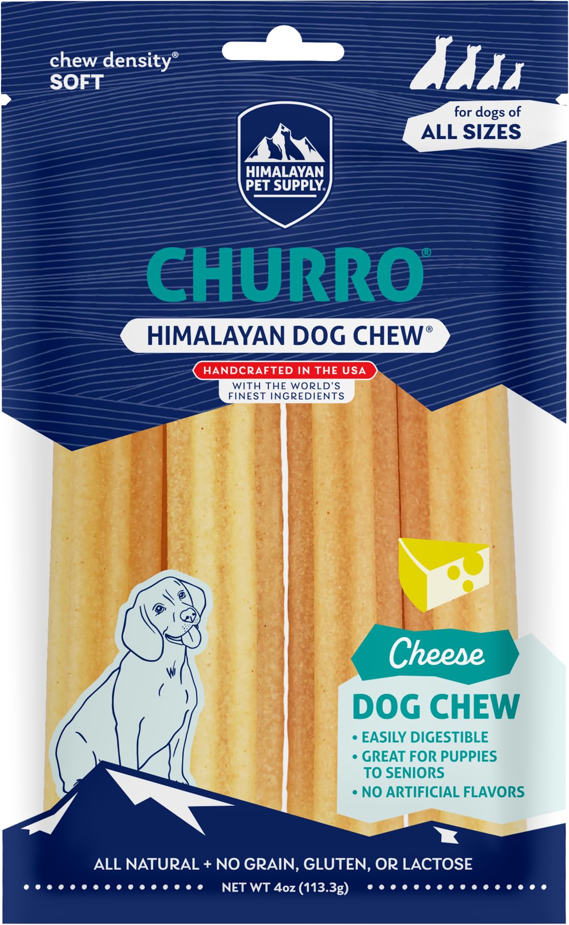Himalayan Dog Chew Churro, Soft Yak Cheese Treat, Peanut Butter, 4 Sticks | 100% Natural, Soft Density Dental Support, Gluten Free, Healthy Safe Dog Treats for All Breeds and Ages, Lactose & Grain Free
