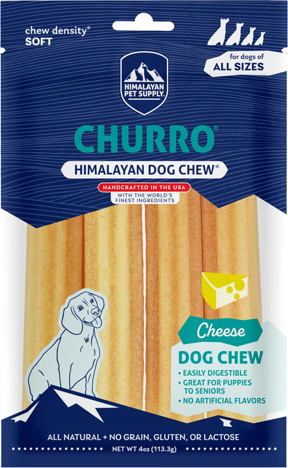 Himalayan Dog Chew Churro, Soft Yak Cheese Treat, Peanut Butter, 4 Sticks | 100% Natural, Soft Density Dental Support, Gluten Free, Healthy Safe Dog Treats for All Breeds and Ages, Lactose & Grain Free