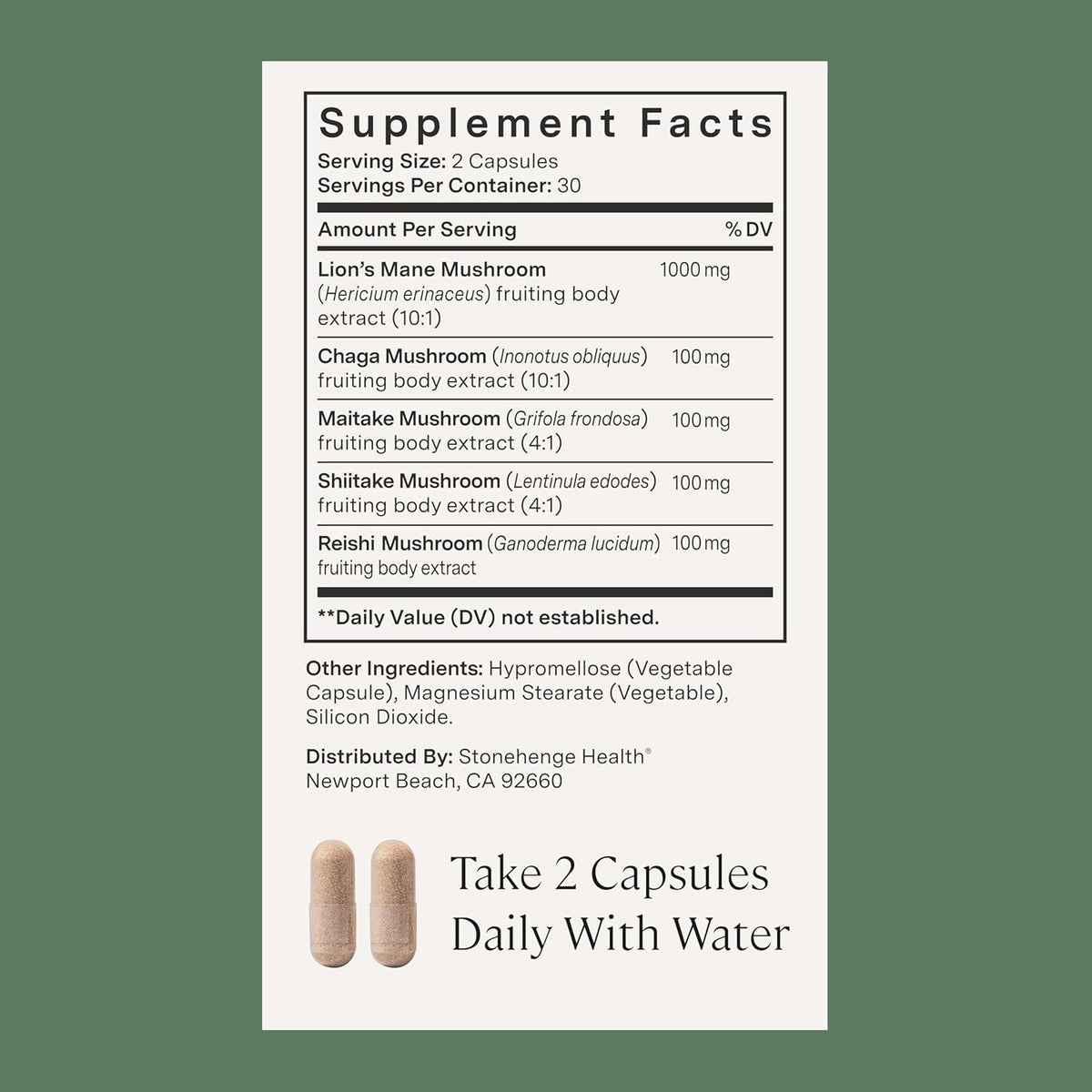 Stonehenge Health Dynamic Mushrooms 1,400 mg Per Serving, 5 Mushroom Complex (Lion’s Mane, Reishi, Chaga, Maitake, Shiitake) 100% Fruiting Bodies, No Mycelium – Brain, Memory & Immune Support 60 Caps