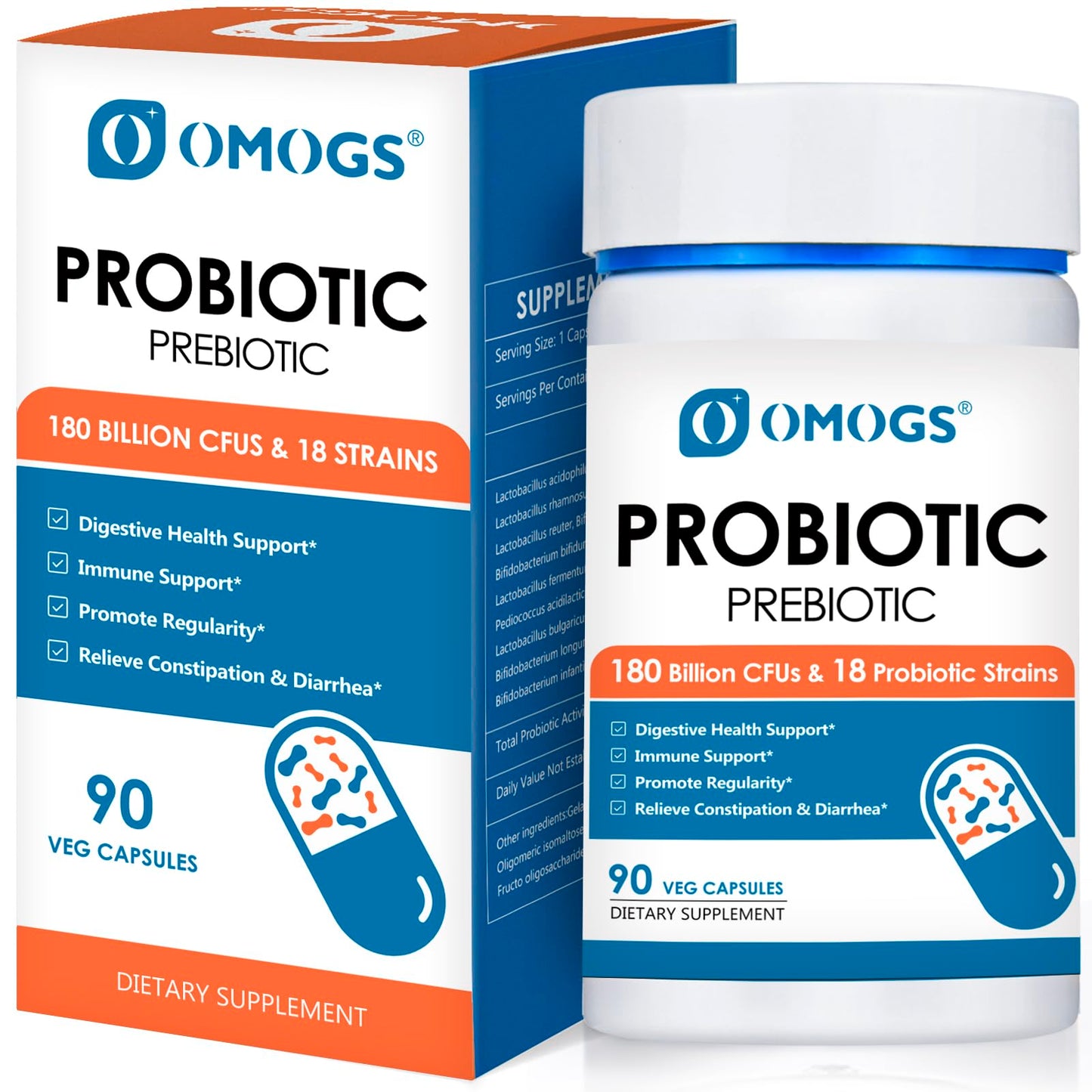 OMOGS Probiotics 180 Billion CFUs 18 Strains, 3 Prebiotics, Helps Digestive, Gut Health, Immune, Supports Occasional Constipation, Diarrhea & Gas