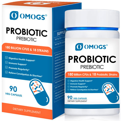 OMOGS Probiotics 180 Billion CFUs 18 Strains, 3 Prebiotics, Helps Digestive, Gut Health, Immune, Supports Occasional Constipation, Diarrhea & Gas