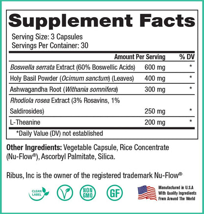 Peak Vitality Adrenal Support Supplement - Boswellia, Holy Basil, L-Theanine and Ashwagandha Supplement - Adaptogens for Mood, Natural Cortisol Support (90 Capsules)