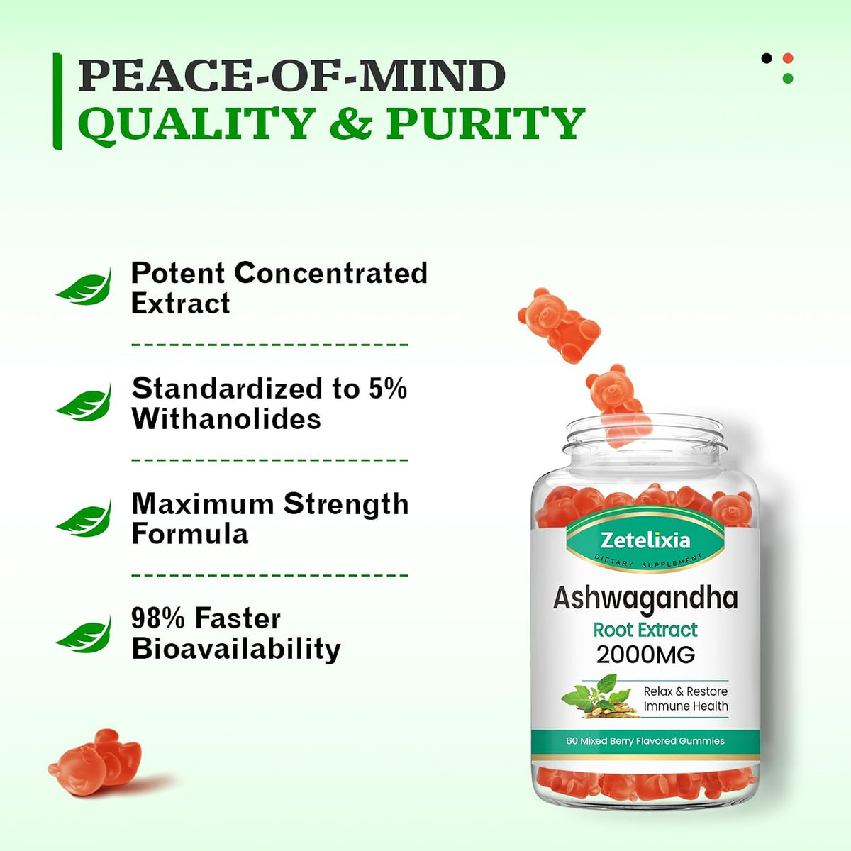 Ashwagandha Gummies, Extra Strength Vitamin D3, Organic Ashwa Root Extract Supplement for Calm Mood Relaxation & Immune Support, Mixed Berry Vegan Sugar Free Chews 60 Count