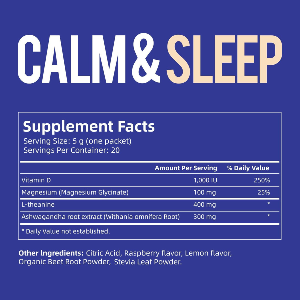 VivoNu Calm & Sleep Powdered Drink Mix Raspberry L Theanine Ksm-66 Ashwagandha Magnesium Glycinate Vitamin D 3 Supplements for Relaxation & Focus No Sugar Non GMO