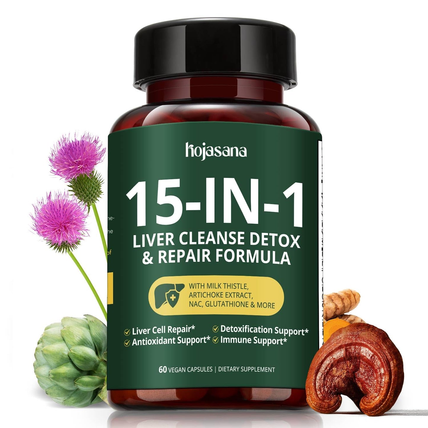 HojaSana Milk Thistle Liver Support - 80% Silymarin, 15-in-1 Formula with Glutathione, NAC, Turmeric, Artichoke and Reishi - Antioxidant, Metabolism