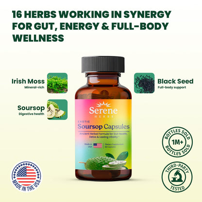 Serene Herbs Graviola Soursop Capsules Organic - Guanabana Extract Pills with Black Seed, Irish Moss & Moringa - 16 Herb Daily Supplements