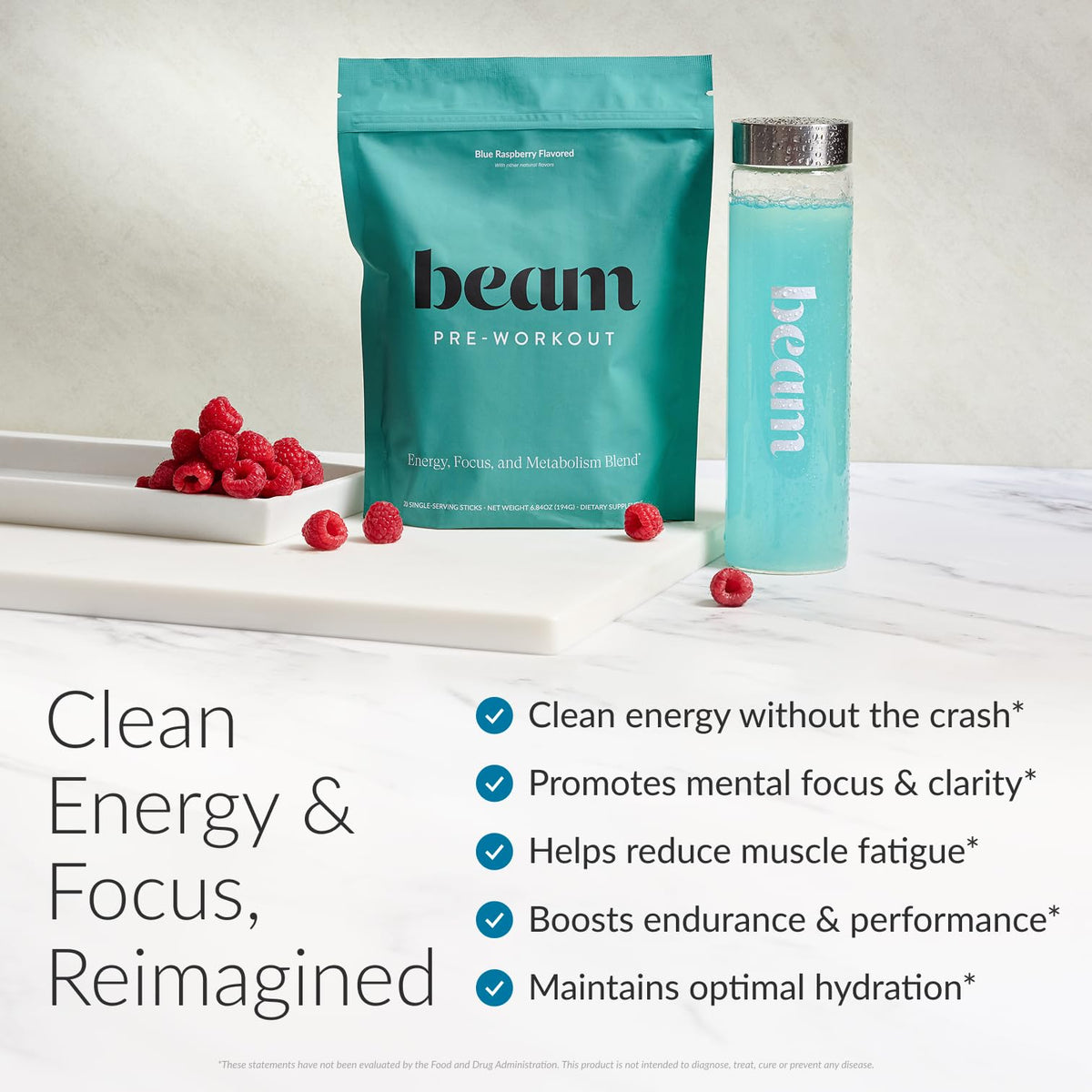 BEAM Pre Workout Powder – Pre Workout Supplement with Organic Caffeine, 350 mg Electrolytes & Nootropic Focus Support, No Sugar, Pre Workout for Women & Men, Blue Raspberry Flavor, 20 Servings