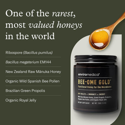 Bee-Ome Gold Raw Manuka Honey with Probiotics & Royal Jelly, 7.4oz | Unpasteurized raw Manuka honey with bee pollen & propolis. Functional superfood honey by Enviromedica. 7.4 oz.