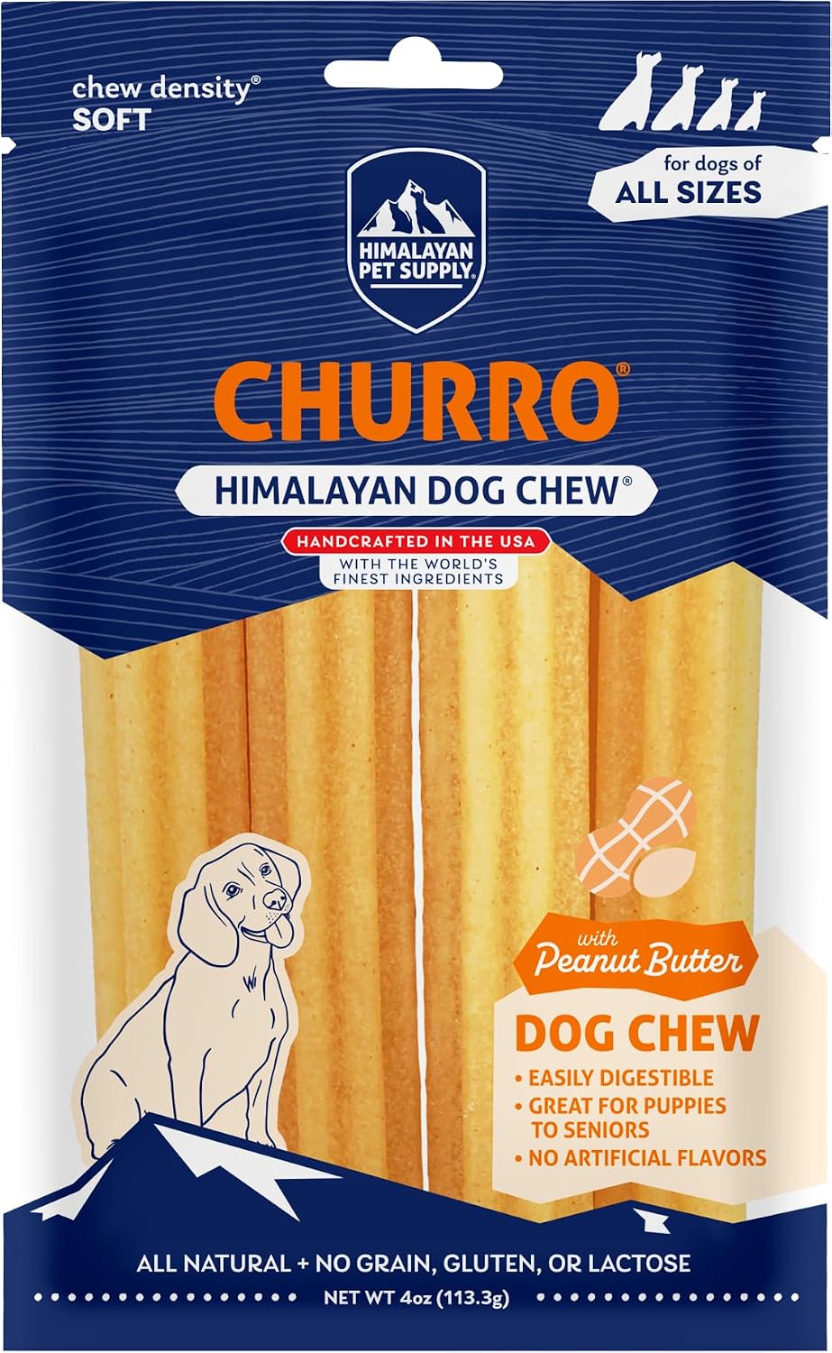 Himalayan Dog Chew Churro, Soft Yak Cheese Treat, Peanut Butter, 4 Sticks | 100% Natural, Soft Density Dental Support, Gluten Free, Healthy Safe Dog Treats for All Breeds and Ages, Lactose & Grain Free