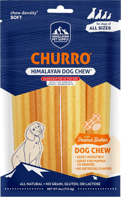 Himalayan Dog Chew Churro, Soft Yak Cheese Treat, Peanut Butter, 4 Sticks | 100% Natural, Soft Density Dental Support, Gluten Free, Healthy Safe Dog Treats for All Breeds and Ages, Lactose & Grain Free