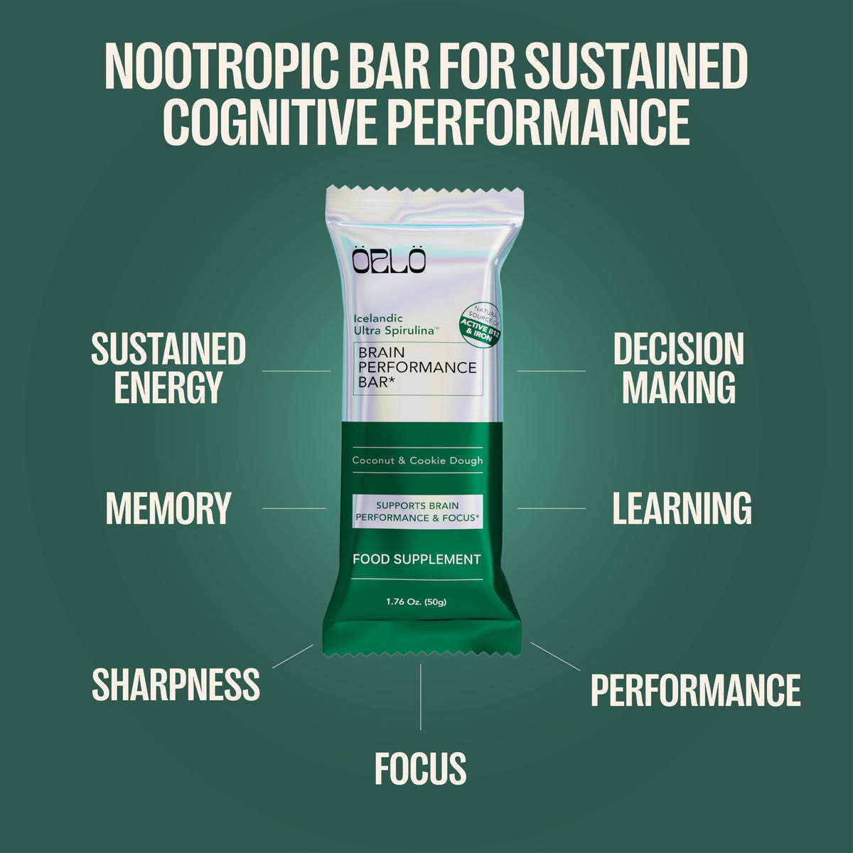 ORLO BRAIN PERFORMANCE BAR – Vegan Protein Bars for Brain & Energy Support – Focus & Memory, Pre & Post Workout Recovery – Gluten Free Snack with L-Theanine, Lions Mane, Spirulina & More (12 Bars)