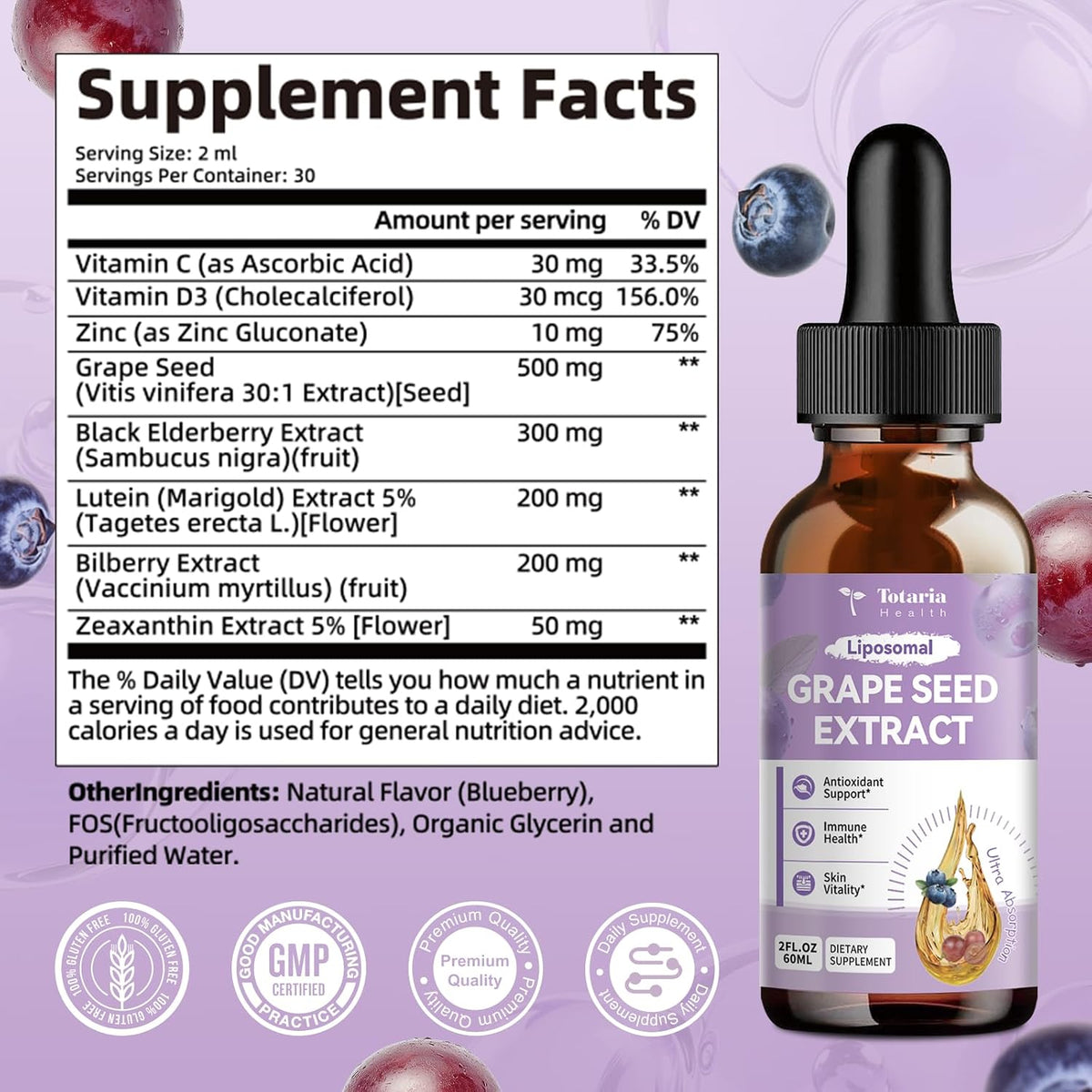 Totaria Grape Seed Extract Liquid Drops | High Potency 95% Polyphenols Antioxidant Supplement for Skin, Heart & Immune Support | Vegan, Gluten Free | Alcohol-Free & Non-GMO | 2FL