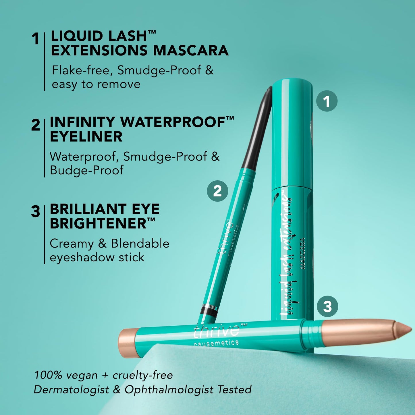 Thrive Causemetics Trio Kit, Makeup Gift Set for Women, Liquid Lash Extensions Mascara (Brynn), Brilliant Eye Brightener Highlighter Stick (Stella), Infinity Waterproof Eyeliner (Lauren)