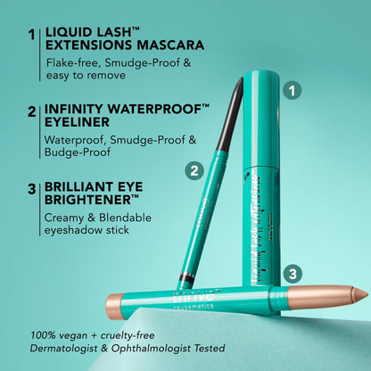 Thrive Causemetics Trio Kit, Makeup Gift Set for Women, Liquid Lash Extensions Mascara (Brynn), Brilliant Eye Brightener Highlighter Stick (Stella), Infinity Waterproof Eyeliner (Lauren)