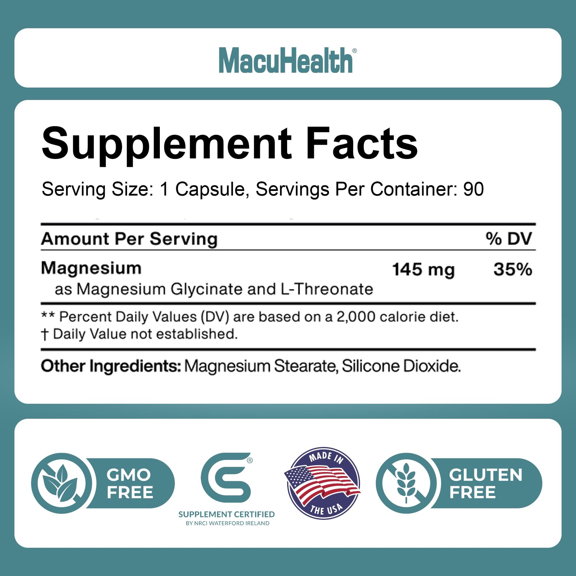 MacuHealth Magnesium Glycinate & L-Threonate 145mg - 90 Capsules - Highly Absorbable Magnesium for Energy, Calm & Focus - Gentle on Stomach, Vegan, Non-GMO - Premium Chelated Magnesium Supplement MacuhealthBuy Supplements Australia