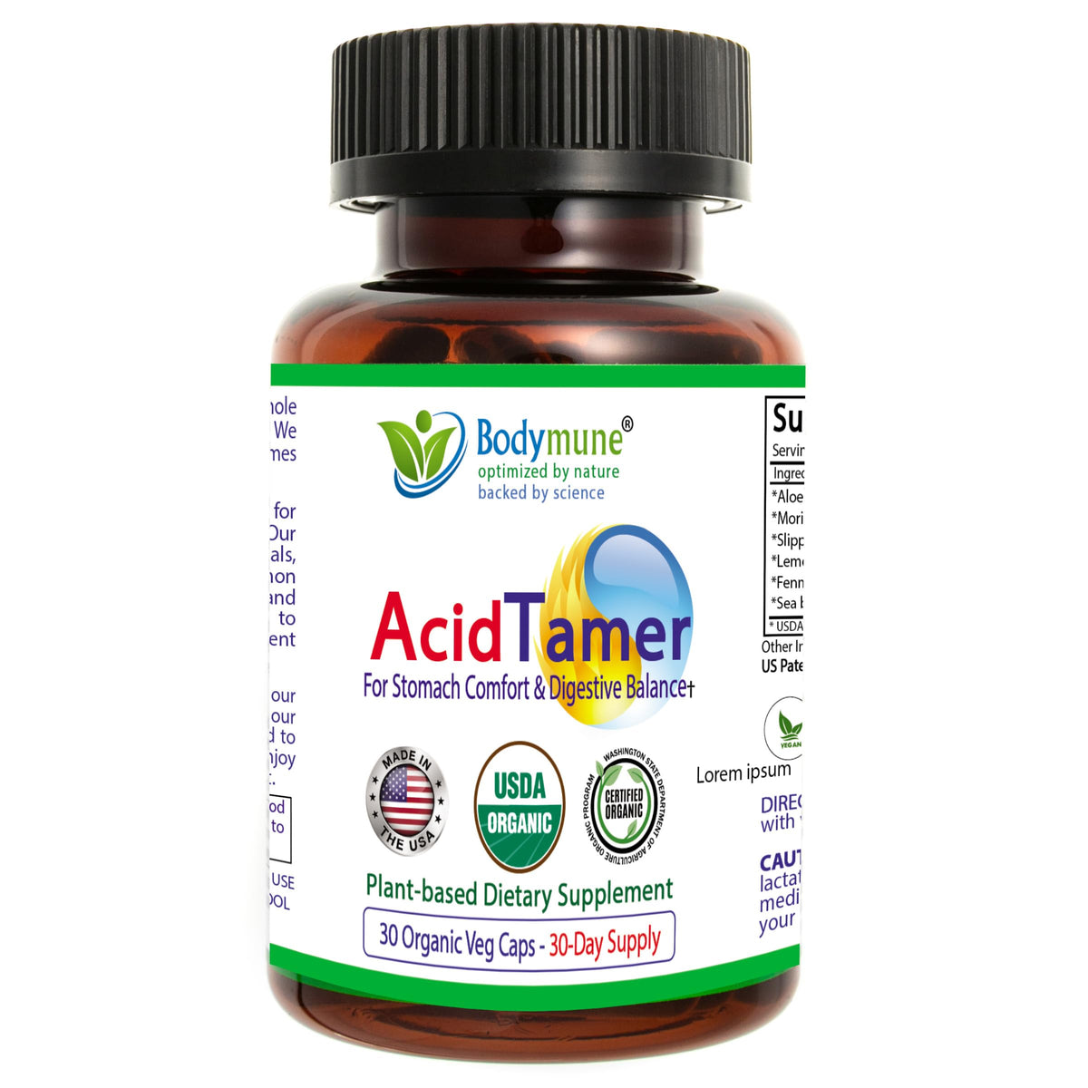 Bodymune Occasional Heartburn & Digestive Comfort Supplement AcidTamer – Drug-Free Daily Support for Stomach Comfort & Digestive Balance – USDA Organic, Vegan, Non-GMO – 60 Caps (2-Month Supply)