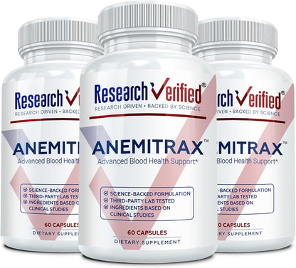 Research Verified Anemitrax - 6-in-1 Complete Blood Builder - Gentle on Stomach Iron Bisglycinate with Vitamin C, B12, Folate & BioPerine for Max Absorption - 180 Vegan Capsules