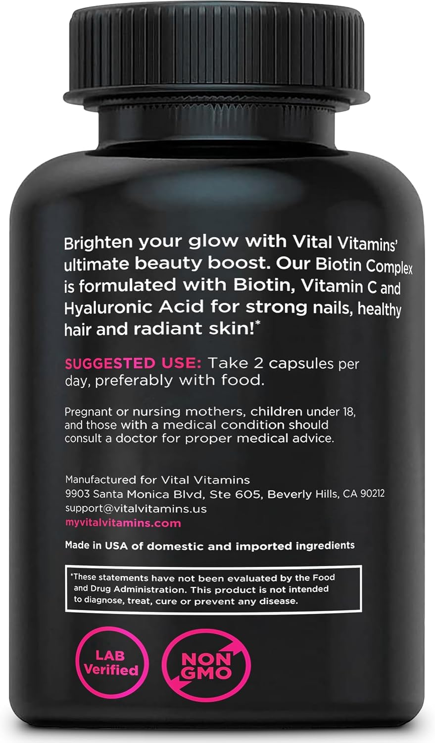 Vital Vitamins Biotin Complex with Collagen & Hyaluronic Acid | 5,000mcg Biotin, MSM & Vitamin C for Hair, Skin & Nails, Non-GMO, For Women & Men, 60 Capsules check
