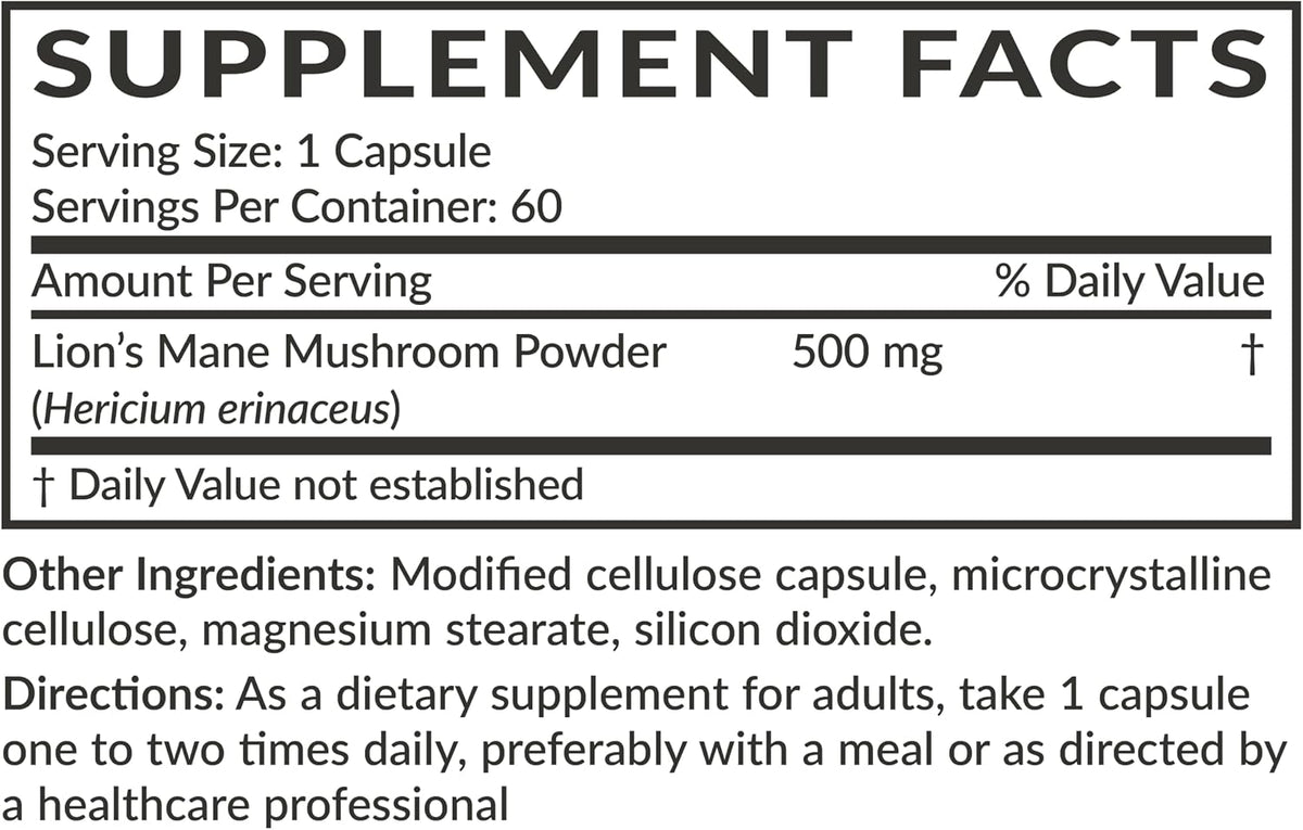 Futurebiotics Lion's Mane Mushroom 500 MG Vegan Friendly Formula, 60 Capsules