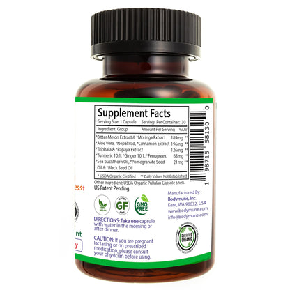 Bodymune Blood Sugar Blend – Organic Blood Sugar Support Supplement – with Bitter Melon Capsules, Moringa, & Black Seed Oil – 33 Capsules