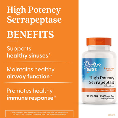 Doctor's Best Serrapeptase Supplement for Men & Women - Proteolytic Enzyme for Sinus & Immune Health Support, 120,000 SPU per Veggie Capsule, High Potency Formula, Non-GMO, Vegan - 90 Veg Caps