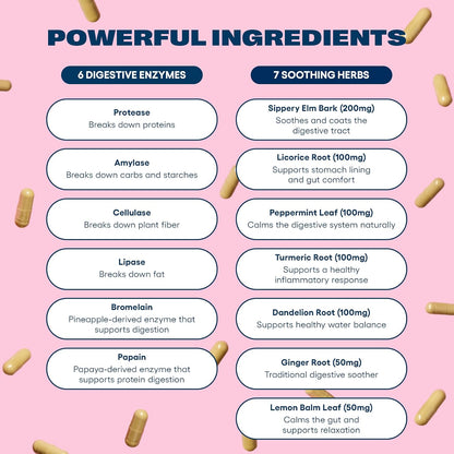Love Sweat Fitness Bloat Be Gone | Bloating Relief for Women | Debloat & Digestive Enzyme Supplement for Gas & Gut Health | Herbal Blend with Ginger, Turmeric & Peppermint | 60 Vegan Capsules