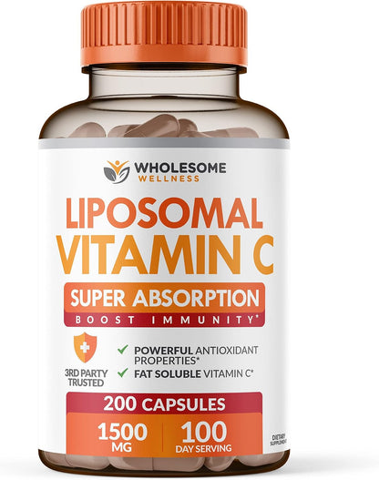 Wholesome Wellness Liposomal Vitamin C Capsules (200 Pills 1500mg Buffered) + Super-Absorb Multi Collagen Pills (Type I II III V X) Organic Herbs and Bioperine Bundle