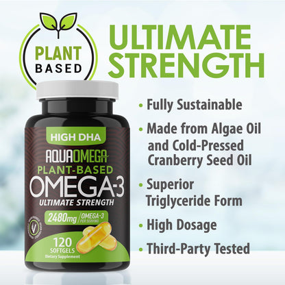 Ultimate Strength Plant Based Omega 3 Supplements, Organic EPA and DHA Omega 3 Fatty Acid Supplements from Algae Oil, No Fishy Aftertaste, 120 Softgels