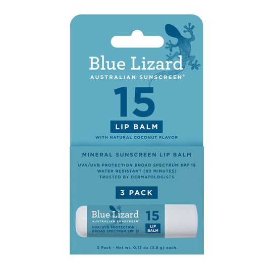 BLUE LIZARD Mineral SPF 15 Lip Balm, 3-Pack: Broad Spectrum Sun Protection, Natural Coconut Flavor, 8 Natural Oils