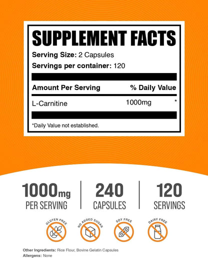 BulkSupplements.com L-Carnitine 1000mg Capsules - Carnitine Supplement, Amino Acid Supplement - Gluten Free, 2 Capsules per Serving (1000mg), 240 Count (Pack of 1)