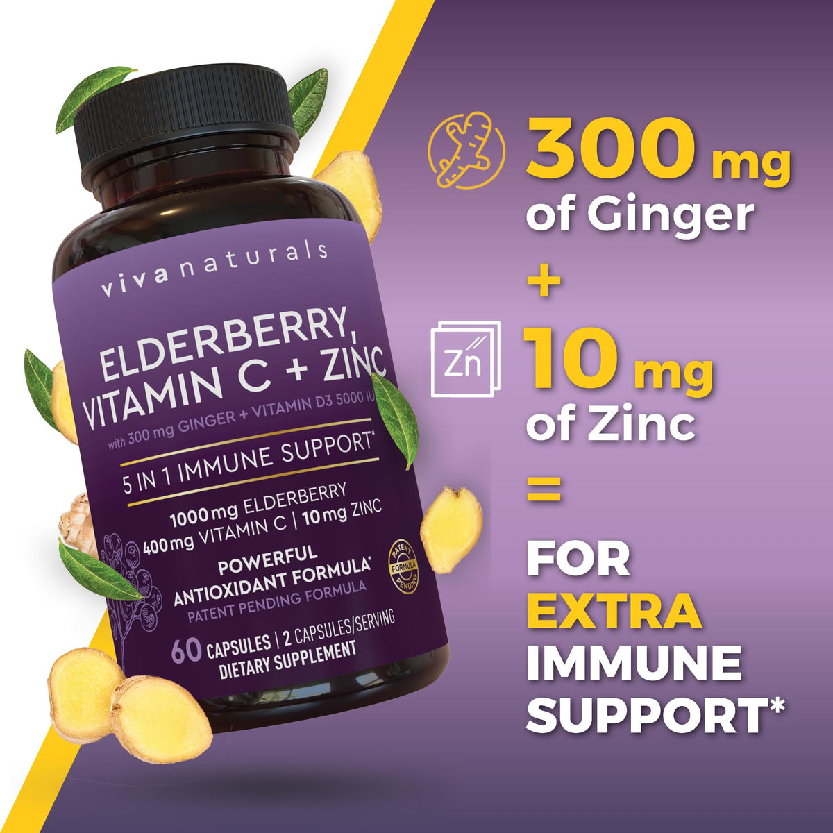 Viva Naturals Elderberry with Vitamin C and Zinc for Adults - 5 in 1 Sambucus Black Elderberry Capsules with Vitamin D3 5000 IU Immunity Supplement, Sambucus Elderberry Immune Support Supplement