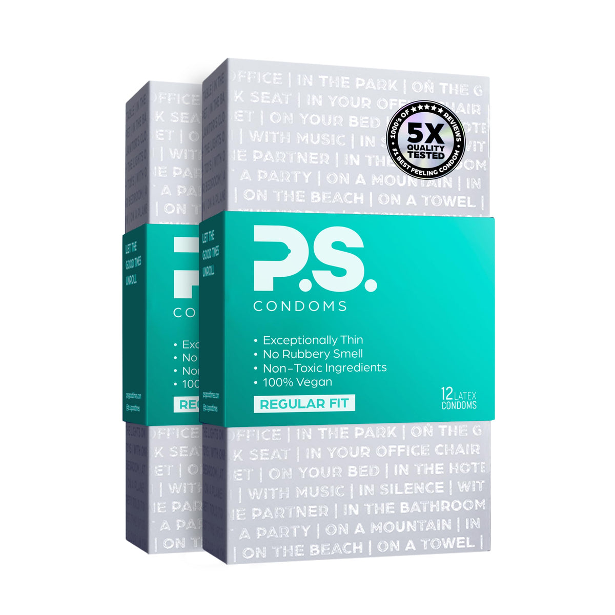 PS Condoms Exceptionally Thin Latex Condoms, Clean & Odorless, 12 Pack | Individually tested, 0.045 mm natural rubber, 40% thinner, lubricated, vegan, and free of PFAS, gluten, glycerin and parabens