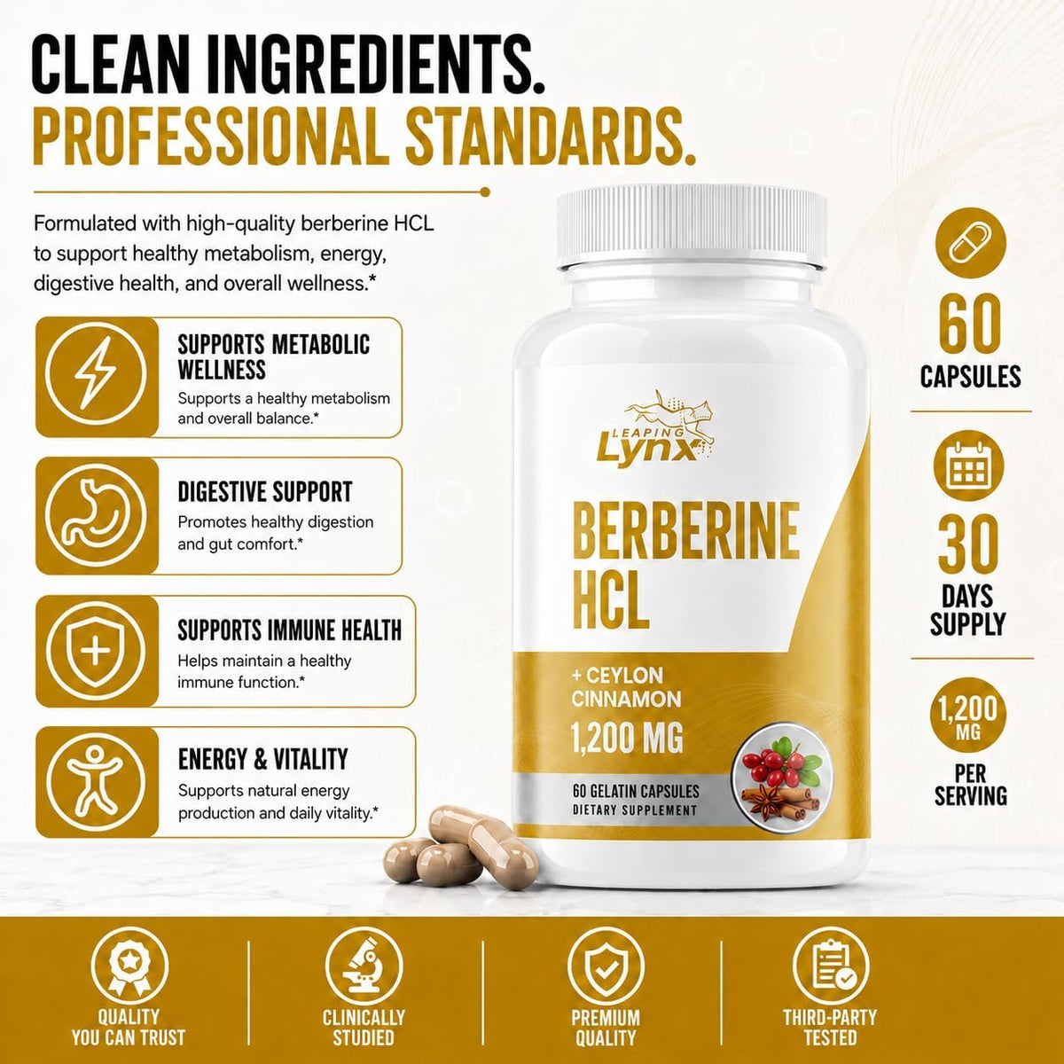Berberine HCl 1200mg - 60 Capsules - High Absorption Berberine Supplement - 30-Day Supply