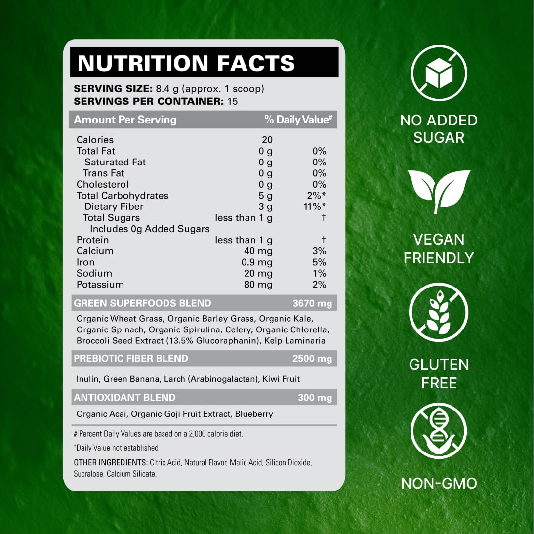 EHP Labs OxyGreens Super Greens Powder with Spirulina & Chlorella, Prebiotic Fiber, Probiotics & Digestive Enzymes – Antioxidant Green Superfood Supplement - 15 Serves (Pineapple)
