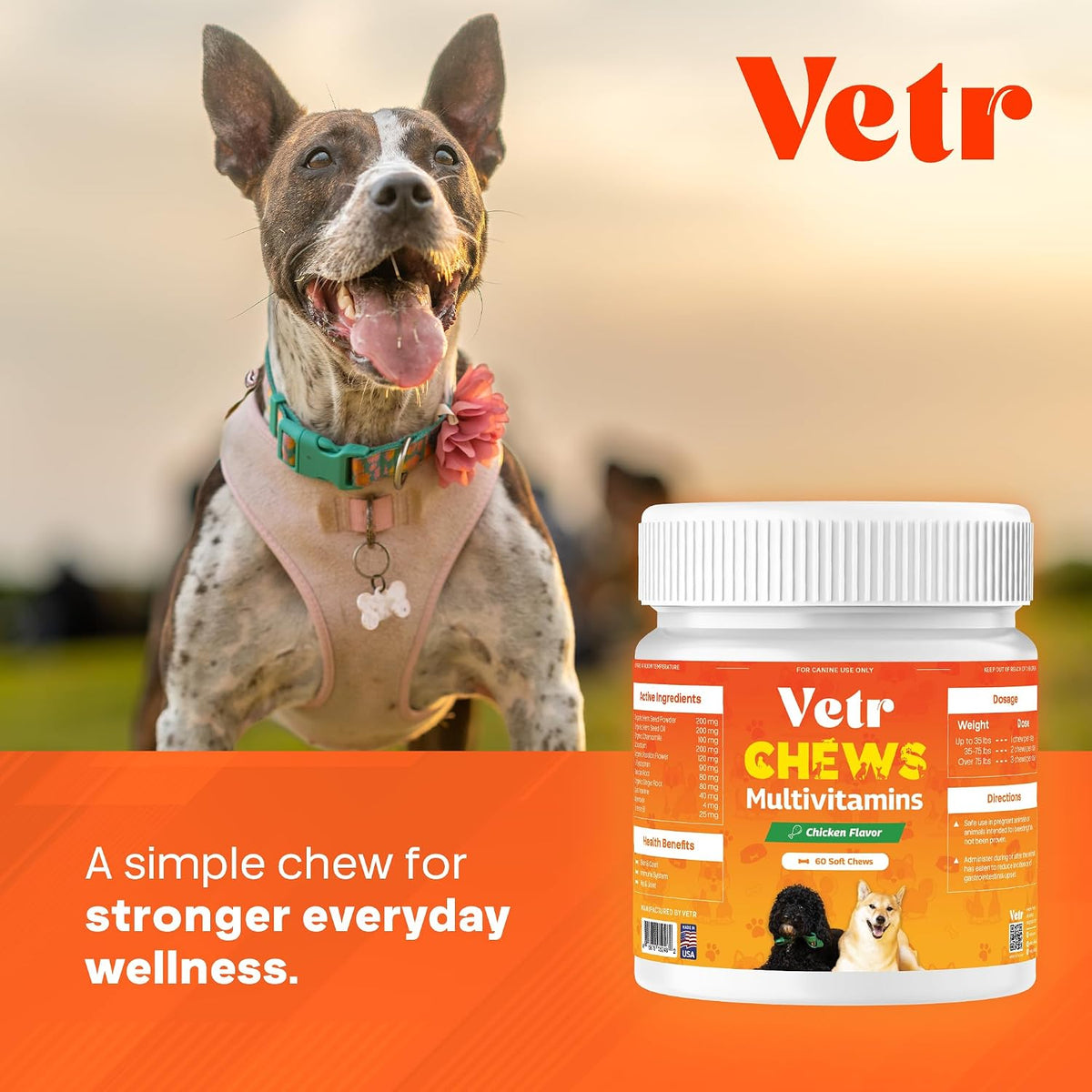 Vetr Dog Multivitamin Treats, 120 Chews Chicken Flavor, Daily Pet Dog Vitamins and Supplements with Glucosamine, Chondroitin, & Probiotics, Hip & Joint, Immune Support, & Digestive Care