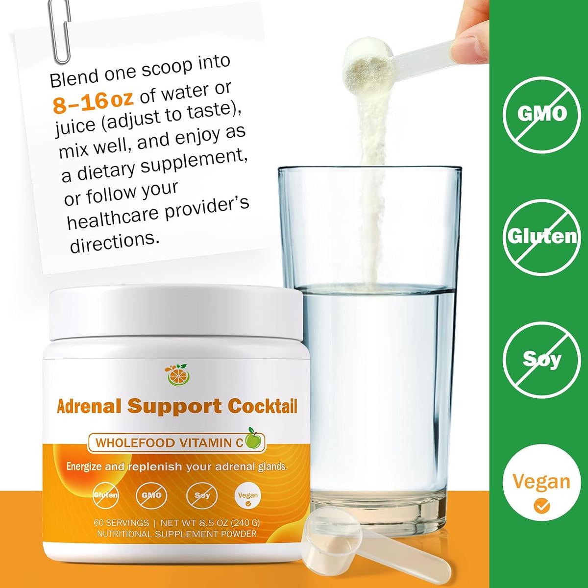 Adrenal Support Cocktail Powder, Adrenal Boost Drink Mix 8.5 oz | Whole Food Vitamin C + Potassium Bicarbonate & Sea Salt - Mix in 8-16 oz Water, Coconut Water or Beverage