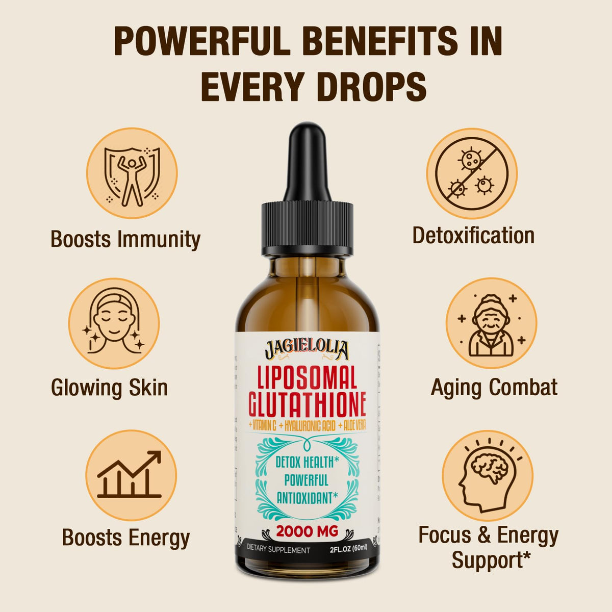 Jagielolia 2000MG Liposomal Glutathione Liquid, Made in The USA, Reduced Glutathione Supplement, Enhanced Absorption, Non-GMO, Powerful Antioxidant for Immune System, Energy, Aging Defense, 2 Floz
