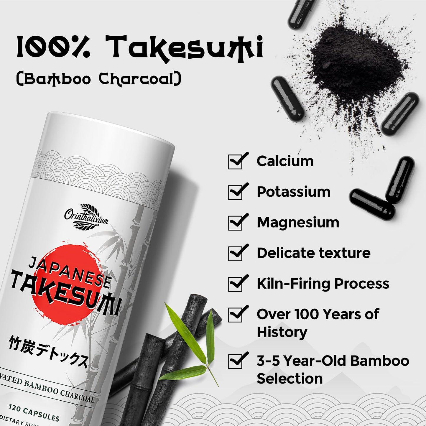 Orinthalixium Takesumi Activated Charcoal 2000mg – Activated Charcoal from Bamboo for Max Absorption, Detox & Gut, 120 Vegan Capsules