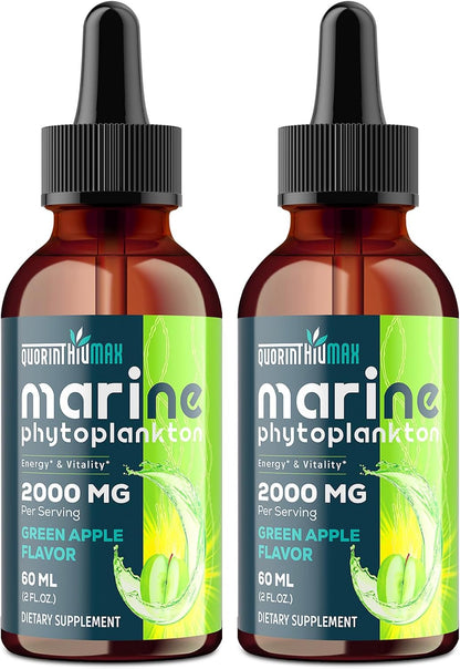 Marine Phytoplankton Drops 2000mg - High Absorption Phytoplankton Supplement with Wheatgrass & Fo-ti for Cellular Wellness, Hair Growth, Energy & Immunity - Green Apple Flavor, 2 fl oz (Pack of 2)