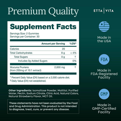Sugar-Free Mucuna Pruriens Gummies (2g/serving) Strawberry Flavor, 60 Chews | Dopamine supplement for energy, focus, calm mood & motivation, mucuna pruriens 10:1 extract, vegan, non-GMO, gluten-free, USA