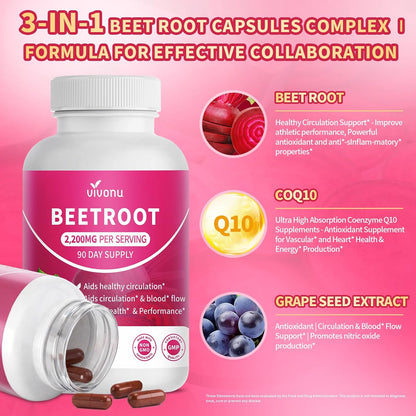 VivoNu Beetroot Capsules | Beet Root Supplement* 2,000 mg of Beet Root Powder, Enriched with CoQ10 and Grape Seed Extract，Healthy sBlood Pressure Levels and sCardiovascular* Wellness