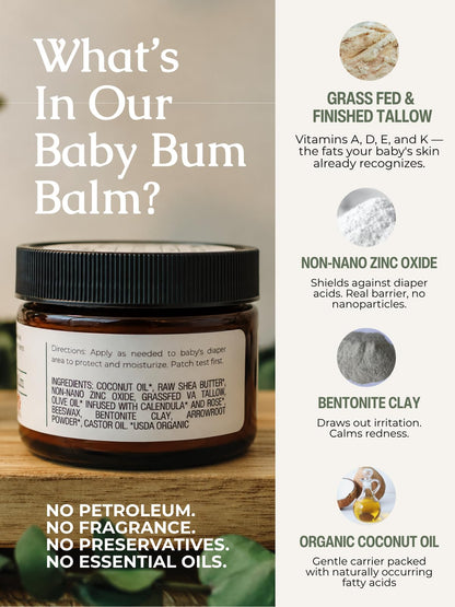 Hearth & Homestead Baby Bum Balm, Grass Fed Tallow Diaper Rash Cream with Zinc Oxide & Bentonite Clay, Fragrance Free Diaper Cream for Sensitive Baby Skin, Newborn Safe, 2oz