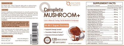 NATURE TARGET 14-in-1 Mushroom Supplement - Mushroom Complex with Lion's Mane, Cordyceps, Reishi & Turkey Tail - Caffeine-Free Energy, Memory & Immune Support - Vegan, 120 Capsules
