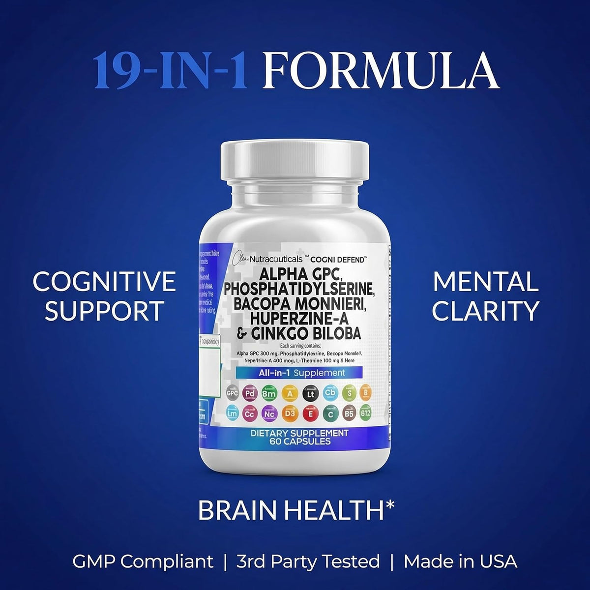Brain Supplement Alpha GPC 300mg Phosphatidylserine Bacopa Monnieri Ginkgo Biloba Lions Mane Huperzine A L-Theanine NAC Nootropic Memory Focus Cognitive Support Vitamins B C D E 60 Capsules USA