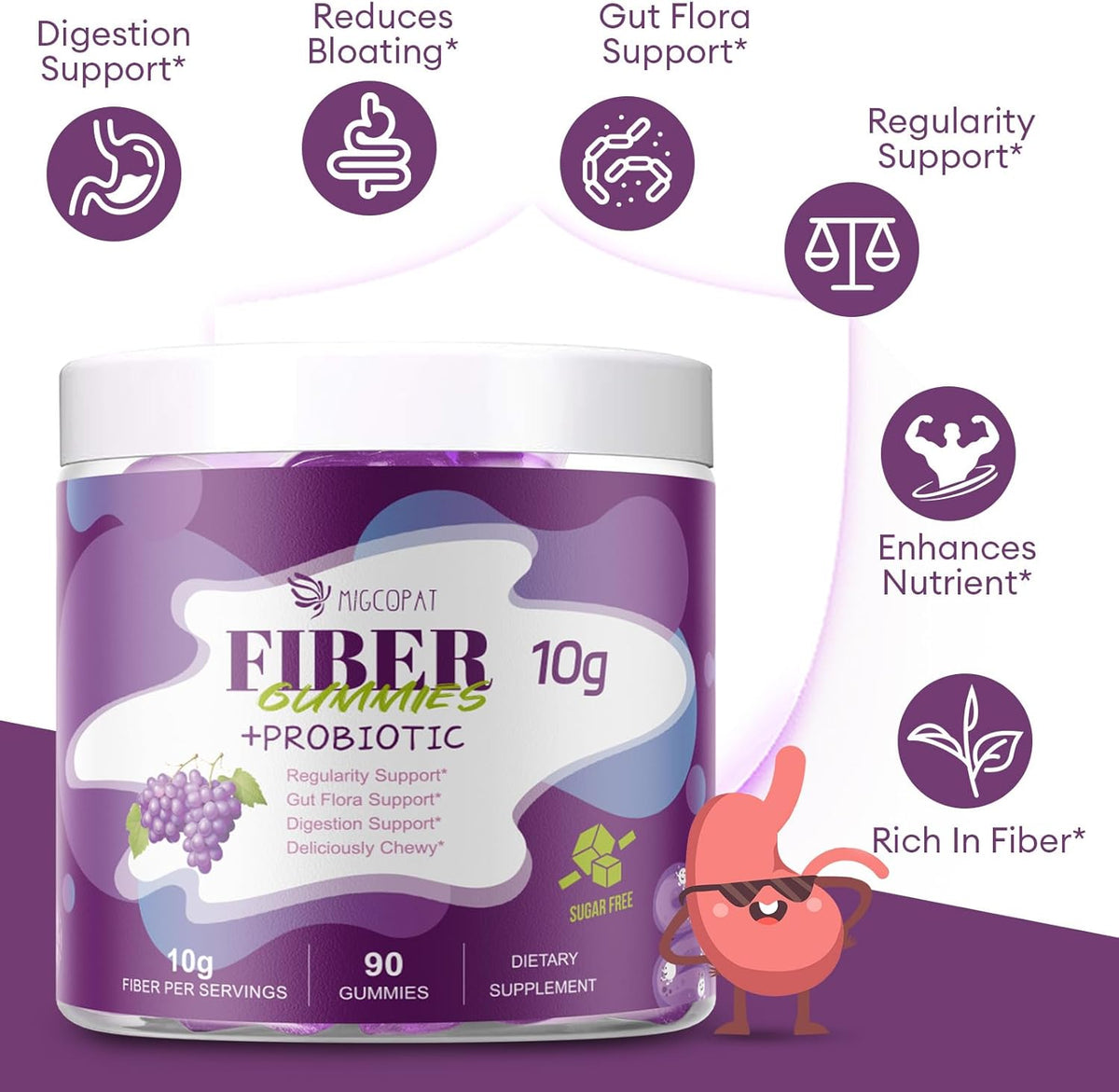 Migcopat 10G Fiber Gummies for Adults, No Sugar Added Grape Flavor, Fiber Supplement with 30 Billion CFU Probiotics Blend, ACV, Vitamin C, Inulin, Support Digestive Health, 90 Count