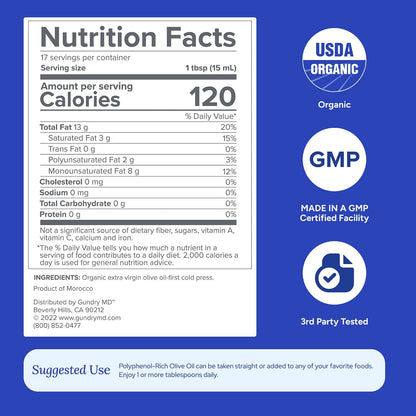 Gundry MD® Organic Extra Virgin Polyphenol-Rich Moroccan Olive Oil | Robust & Peppery Flavor, Cold Pressed, Wellness Supplement, USDA Organic, Best Results when Consumed as Supplement Shot