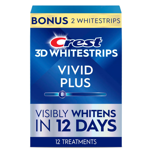 Crest 3D Whitestrips Vivid Plus, Teeth Whitening Strip Kit, 10 Treatments + 2 Bonus Treatments (Each with 1 Upper/1 Lower Strip), 24 Strips