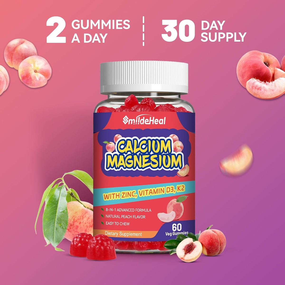 Calcium Magnesium Gummies 600MG, Calcium Magnesium Zinc Gummies with Vitamin D3 - High Absorption Complex Calcium Supplement, Vegan, 60 Counts