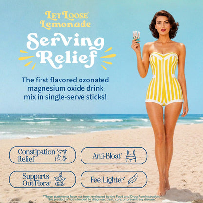 Let Loose Lemonade Magnesium Constipation Relief Drink Mix (10 Sticks) | Sugar-Free, Travel-Ready, Gentle Overnight Bloat & Bowel Movement Support for Women, Formulated with Ozonated Magnesium Oxide