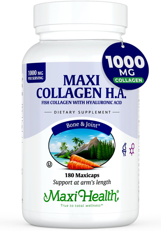 Maxi Health Marine Collagen Pills – 1000 mg Type 1 Collagen for Women & Men with Hyaluronic Acid Supplement for Joint & Skin Support – Unflavored